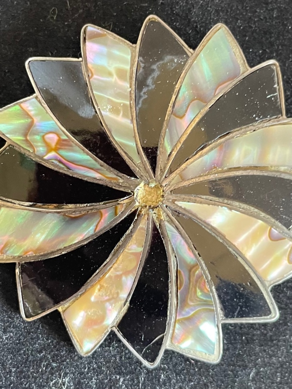 Vintage Mexican, Sterling, Onyx and Abalone Brooch